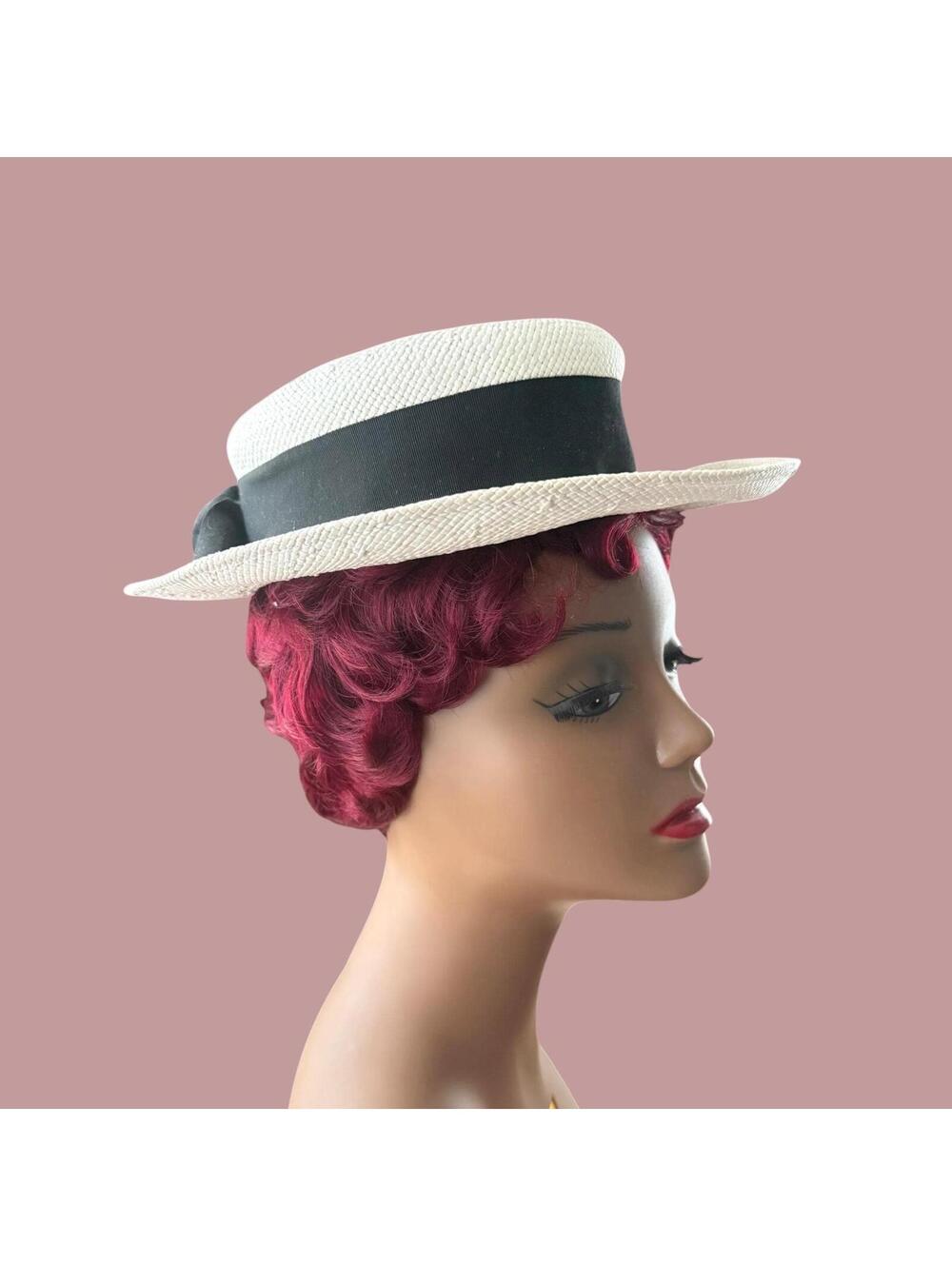 Vintage White Straw Boater Hat with Black Hatband and Bow Brimmed Hats for Women